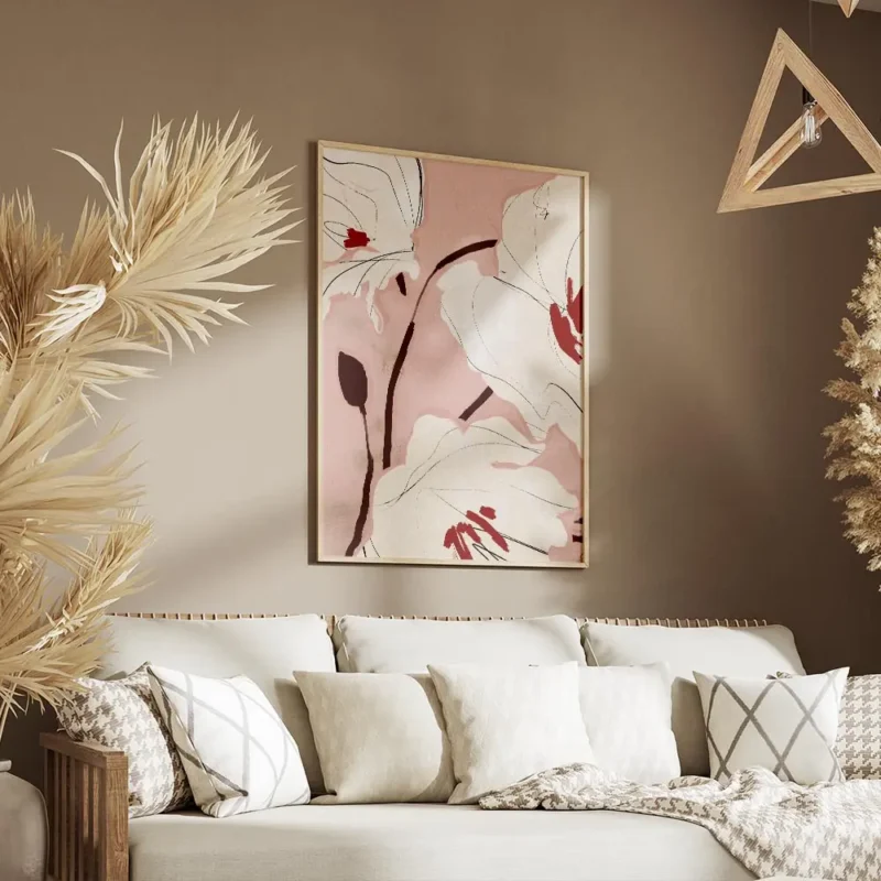 affiche de fleurs blanches avec des details rouges sur fond rose pale style pein salon.webp