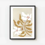 affiche de fleurs blanches avec feuillage marron sur fond beige composition simp avec cadre.webp