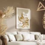 affiche de fleurs blanches avec feuillage marron sur fond beige composition simp salon.webp