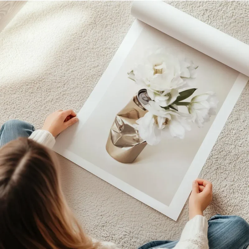 affiche de fleurs blanches dans une canette doree froissee sur un fond beige cla en rouleau.webp
