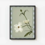 affiche de fleurs blanches sur fond vert doux aux petales delicats et a la typog avec cadre.webp