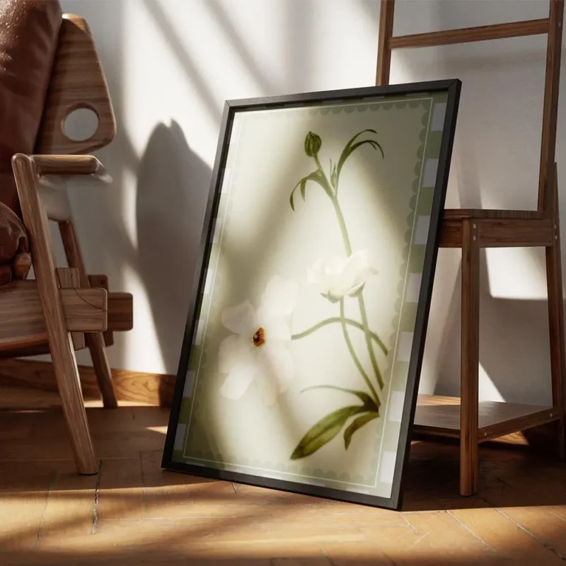 affiche de fleurs blanches sur fond vert doux aux petales delicats et a la typog encadre.webp