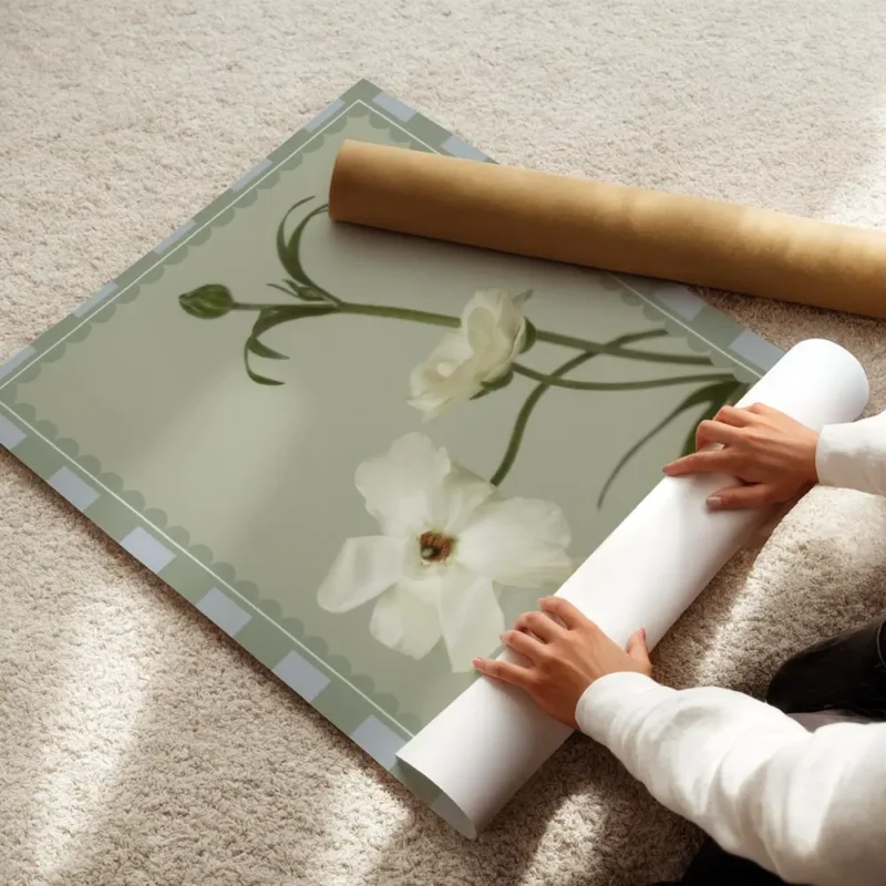 affiche de fleurs blanches sur fond vert doux aux petales delicats et a la typog enroule.webp