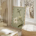 affiche de fleurs blanches sur fond vert doux aux petales delicats et a la typog salon beige.webp