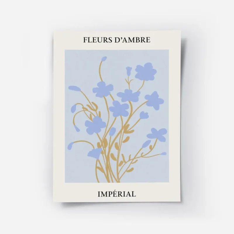 affiche de fleurs bleues et tiges marron sur fond bleu clair avec le texte fleur.webp