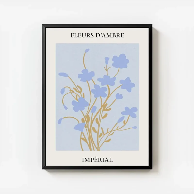 affiche de fleurs bleues et tiges marron sur fond bleu clair avec le texte fleur avec cadre.webp