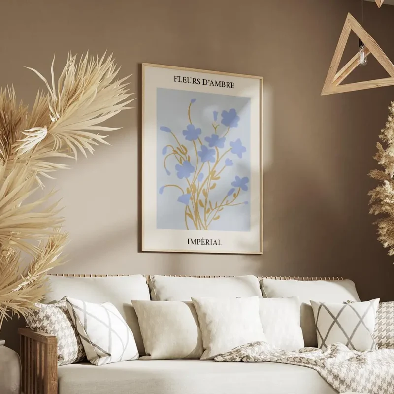 affiche de fleurs bleues et tiges marron sur fond bleu clair avec le texte fleur salon.webp