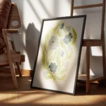 affiche de fleurs bleues et vertes stylisees dans un vase jaune pale avec des mo encadre.webp
