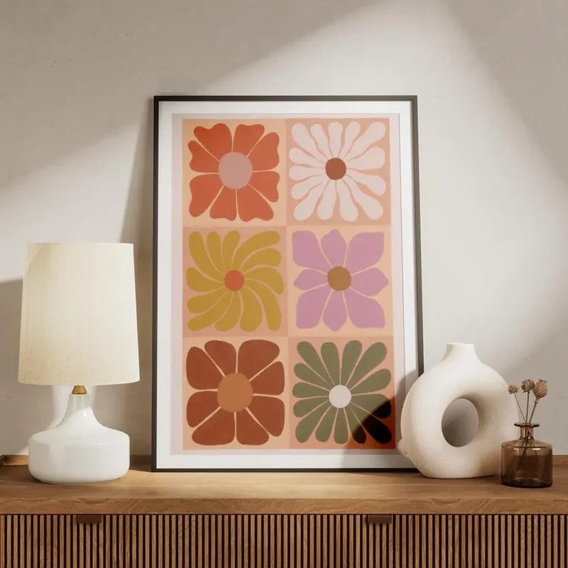 affiche de fleurs carrees graphiques aux couleurs vives meuble.webp