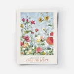 affiche de fleurs colorees en jaune rouge et rose sur fond bleu avec typographie.webp
