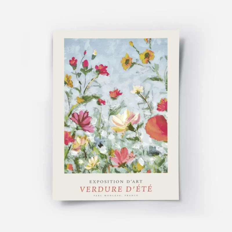 affiche de fleurs colorees en jaune rouge et rose sur fond bleu avec typographie.webp