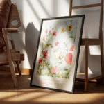 affiche de fleurs colorees en jaune rouge et rose sur fond bleu avec typographie encadre.webp