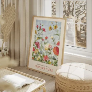 affiche de fleurs colorees en jaune rouge et rose sur fond bleu avec typographie salon beige.webp