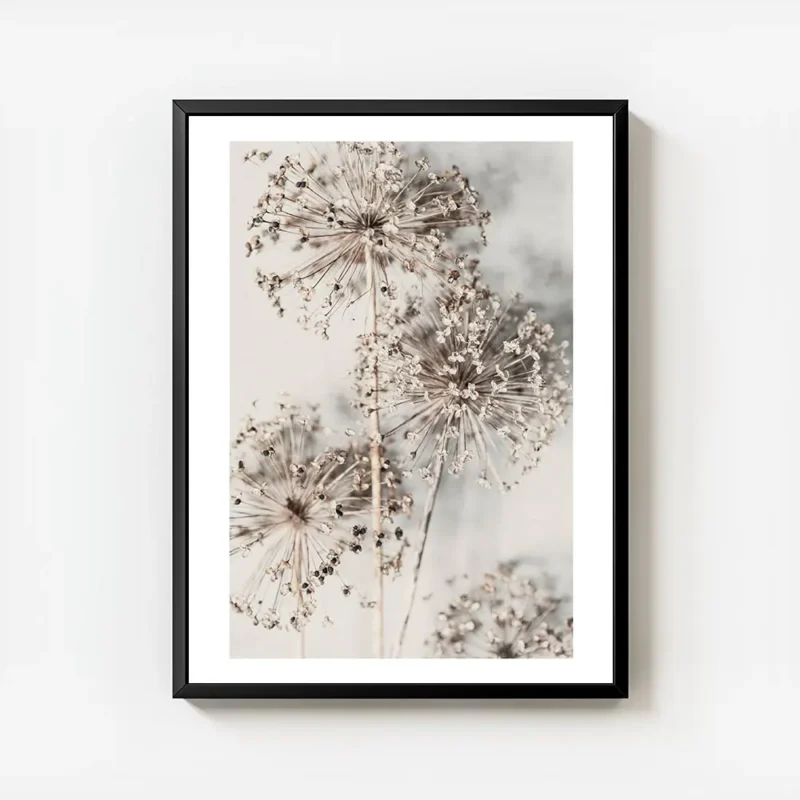 affiche de fleurs dallium sechees beiges sur fond clair avec des typographies te avec cadre.webp