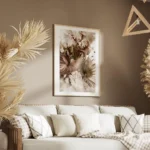 affiche de fleurs dautomne marron blanches et roses avec des feuilles vertes sty salon.webp