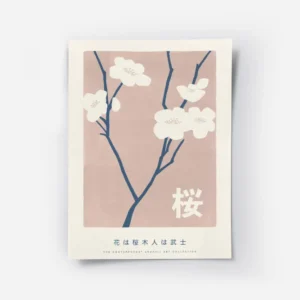 affiche de fleurs de cerisier beiges sur fond rose avec texte typographie japona.webp
