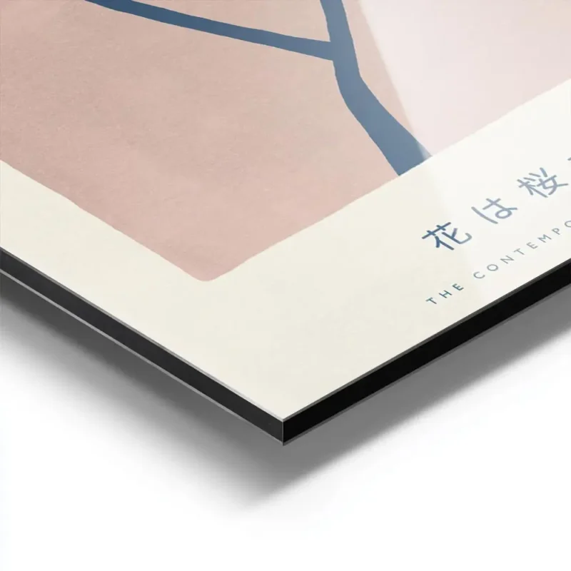 affiche de fleurs de cerisier beiges sur fond rose avec texte typographie japona aluminium.webp
