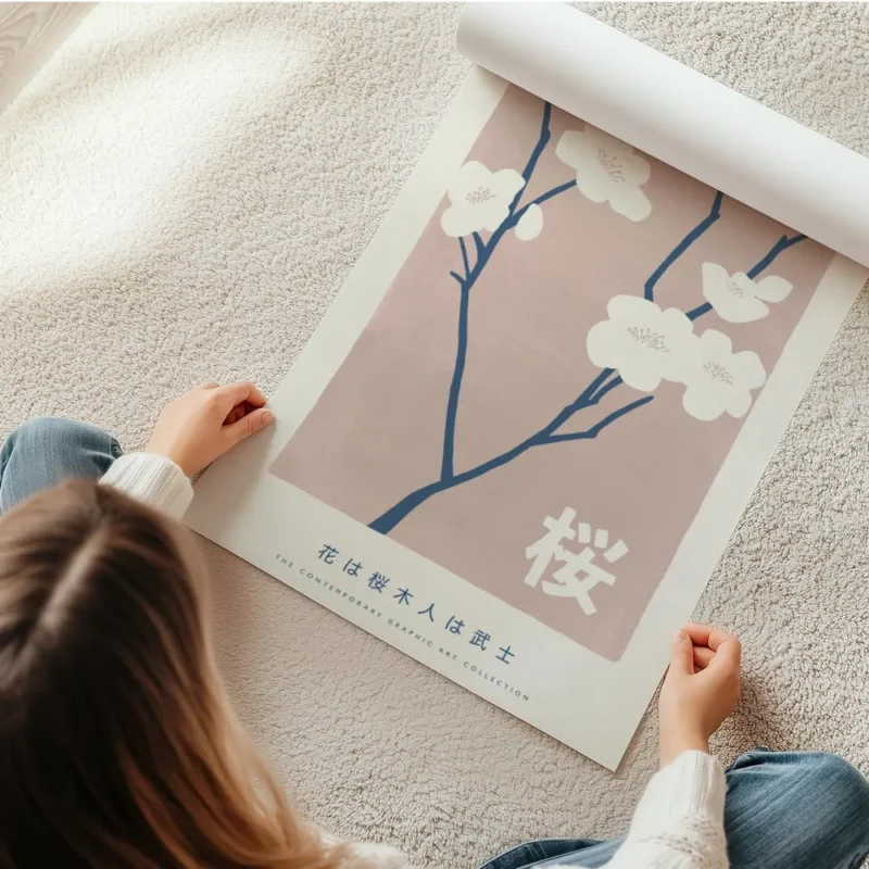 affiche de fleurs de cerisier beiges sur fond rose avec texte typographie japona en rouleau.webp