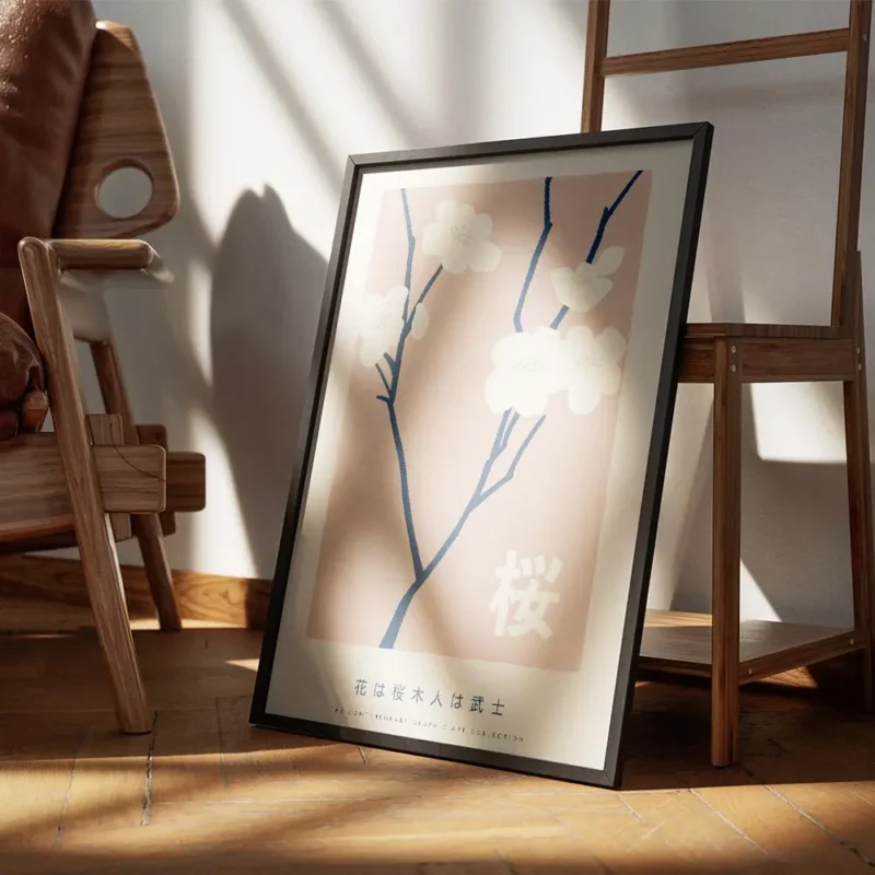 affiche de fleurs de cerisier beiges sur fond rose avec texte typographie japona encadre.webp
