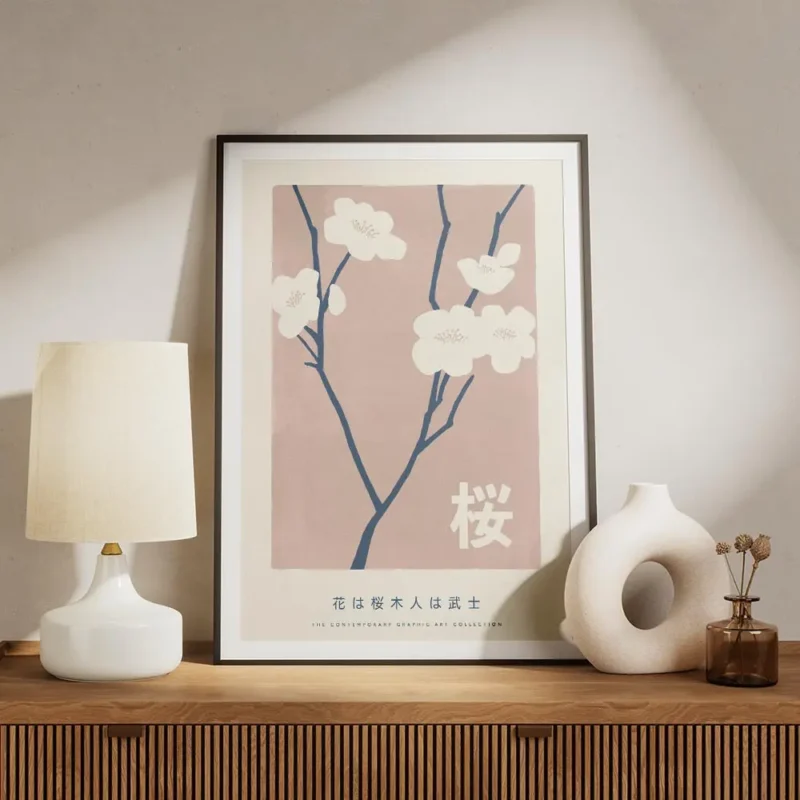 affiche de fleurs de cerisier beiges sur fond rose avec texte typographie japona meuble.webp