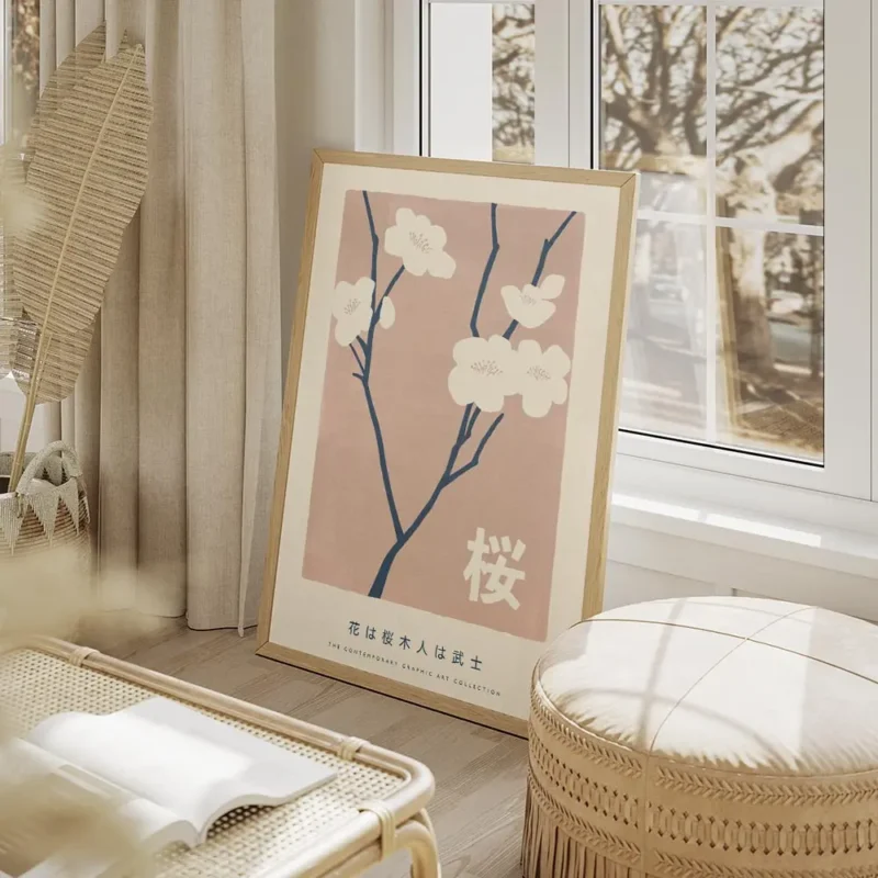 affiche de fleurs de cerisier beiges sur fond rose avec texte typographie japona salon beige.webp