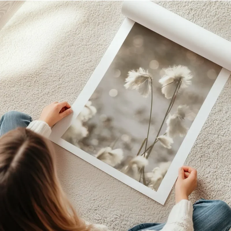 affiche de fleurs de coton apaisantes blanches et duveteuses baignees par une lu en rouleau.webp