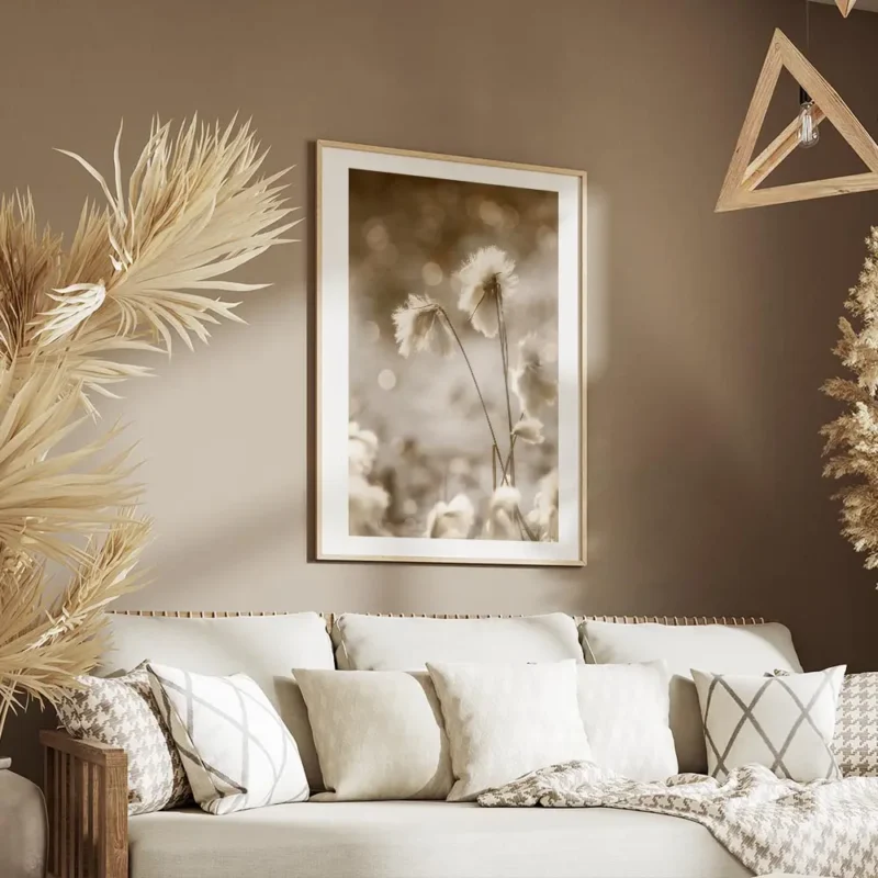 affiche de fleurs de coton apaisantes blanches et duveteuses baignees par une lu salon.webp