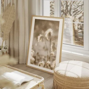 affiche de fleurs de coton apaisantes blanches et duveteuses baignees par une lu salon beige.webp