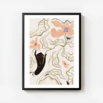 affiche de fleurs de feuilles et dune main noire en line art sur fond beige avec cadre.webp