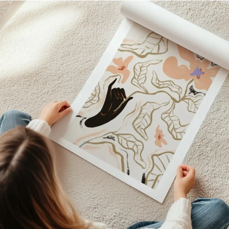 affiche de fleurs de feuilles et dune main noire en line art sur fond beige en rouleau.webp