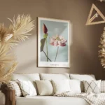 affiche de fleurs de lotus roses a tige verte sur fond bleu ciel par ogawa kazum salon.webp