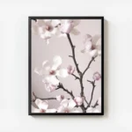 affiche de fleurs de magnolia roses et blanches sur fond pastel avec des branche avec cadre.webp