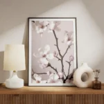 affiche de fleurs de magnolia roses et blanches sur fond pastel avec des branche meuble.webp