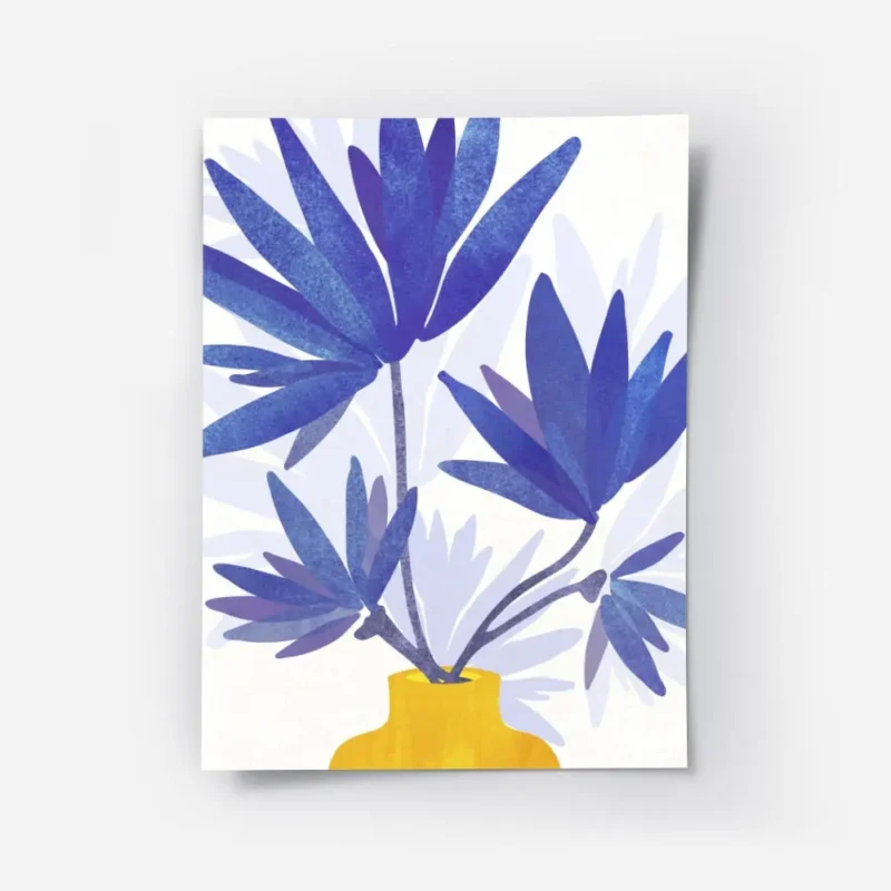 affiche de fleurs indigo dans un vase jaune dessin simple de kristian gallagher.webp