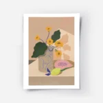 affiche de fleurs jaunes dans un vase beige avec des motifs bleus a cote dune pa.webp