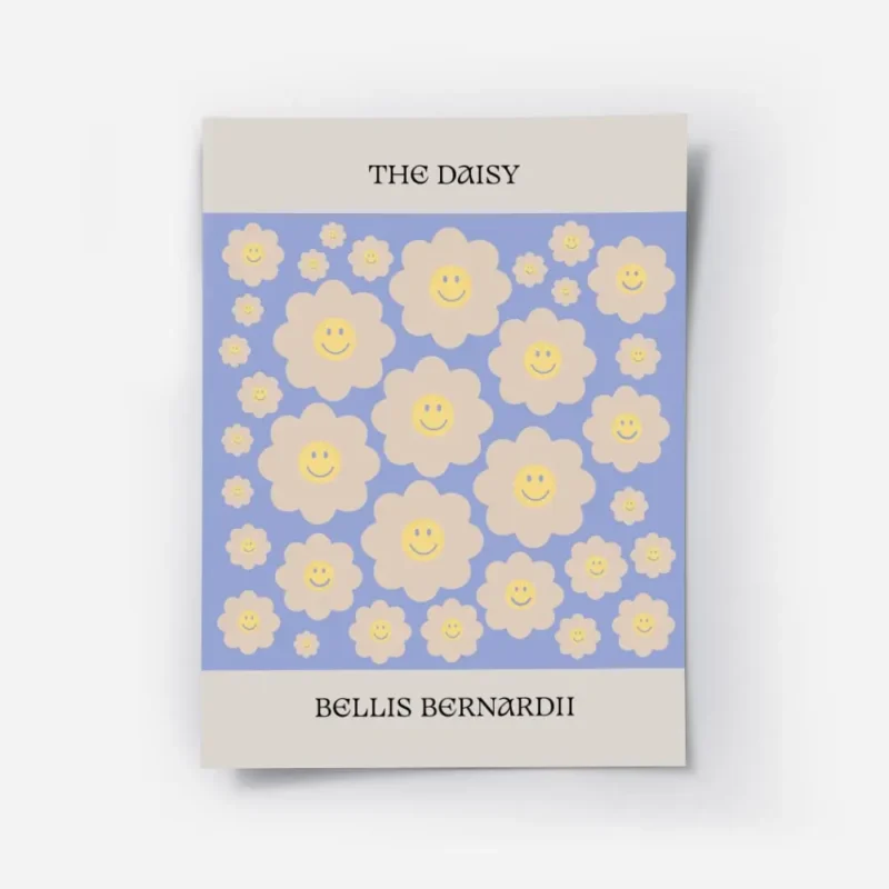 affiche de fleurs marguerite jaune souriantes sur fond bleu avec le texte the da.webp