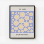 affiche de fleurs marguerite jaune souriantes sur fond bleu avec le texte the da avec cadre.webp