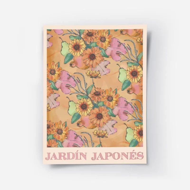 affiche de fleurs orange et roses feuilles et poires vertes sur fond orange avec.webp