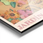 affiche de fleurs orange et roses feuilles et poires vertes sur fond orange avec aluminium.webp