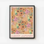 affiche de fleurs orange et roses feuilles et poires vertes sur fond orange avec avec cadre.webp