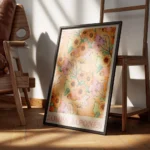 affiche de fleurs orange et roses feuilles et poires vertes sur fond orange avec encadre.webp