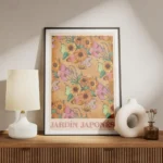 affiche de fleurs orange et roses feuilles et poires vertes sur fond orange avec meuble.webp