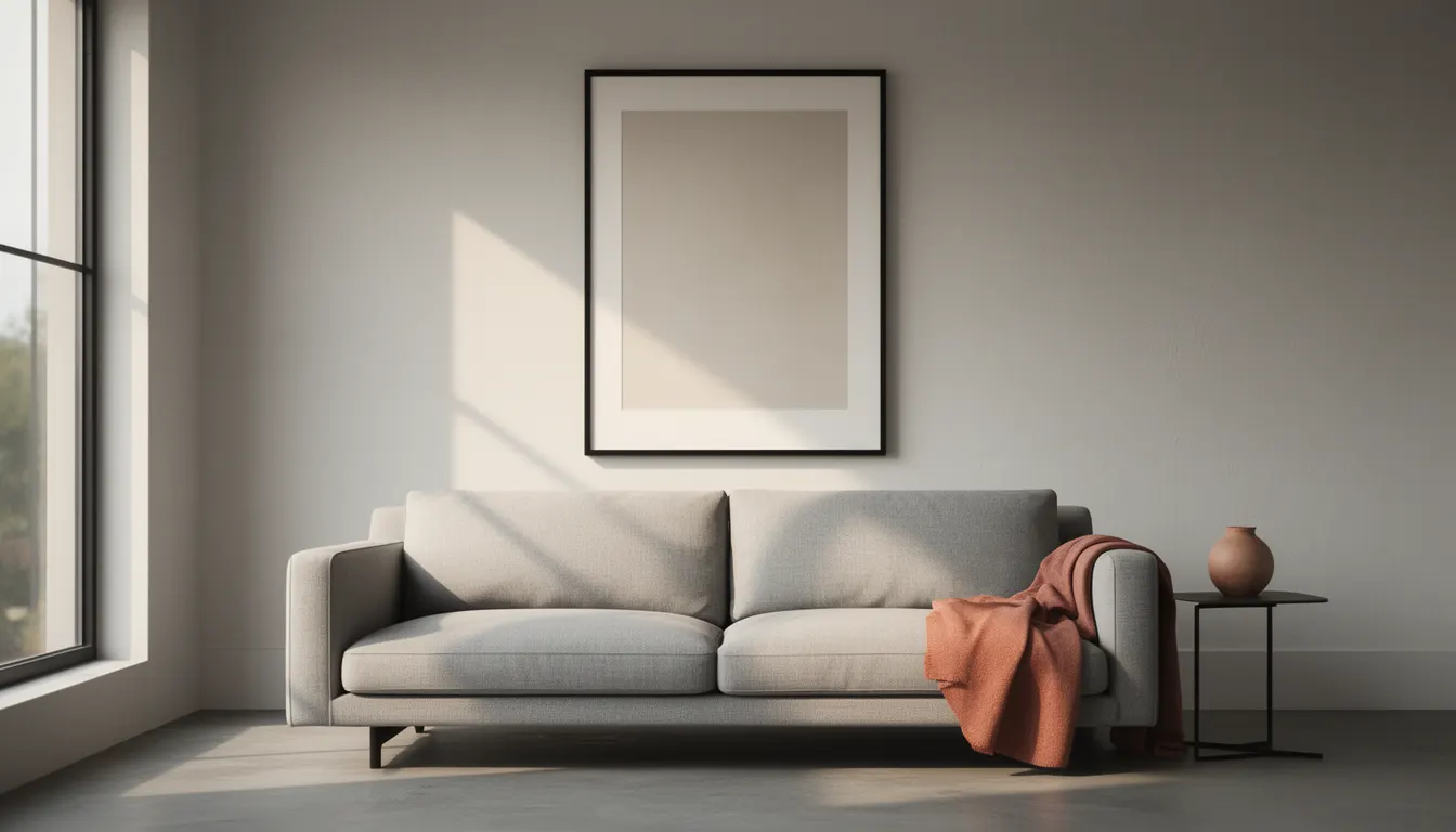 Salon moderne avec grande affiche encadrée centrée au-dessus d'un canapé gris clair, lumière naturelle latérale