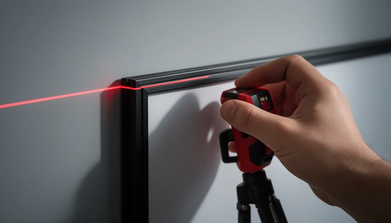Accrochage précis affiche cinéma niveau laser Détail main posant niveau laser sur cadre aluminium affiche cinéma, mur clair, outil de mesure visible