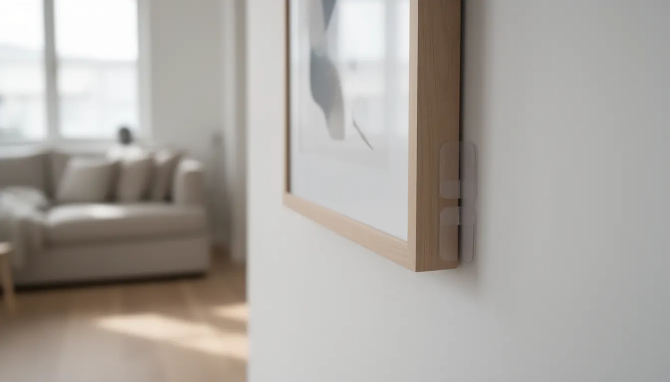Poster encadré fixé au mur avec bandes adhésives invisibles, intérieur lumineux