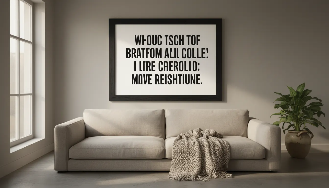 Grand salon contemporain avec une affiche citation motivante encadrée noir au-dessus d'un canapé lin