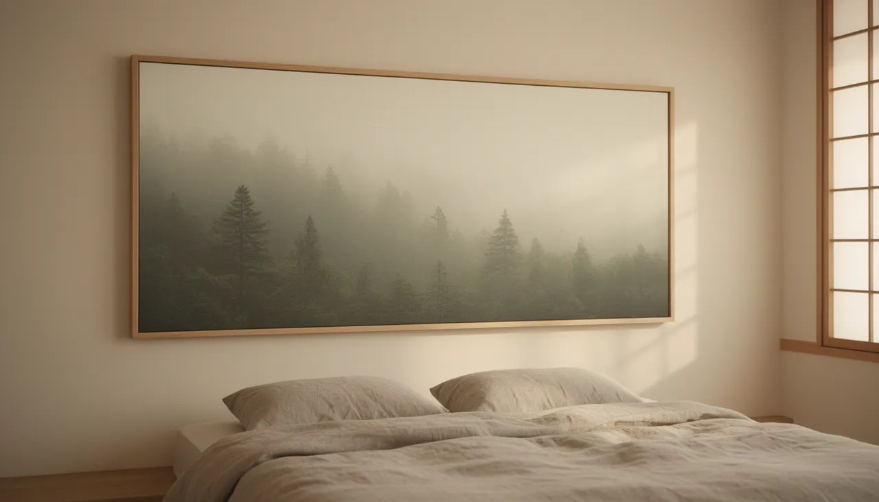 Affiche nature brumeuse format panoramique Affiche paysage brumeux forêt encadrée bois clair dans chambre épurée