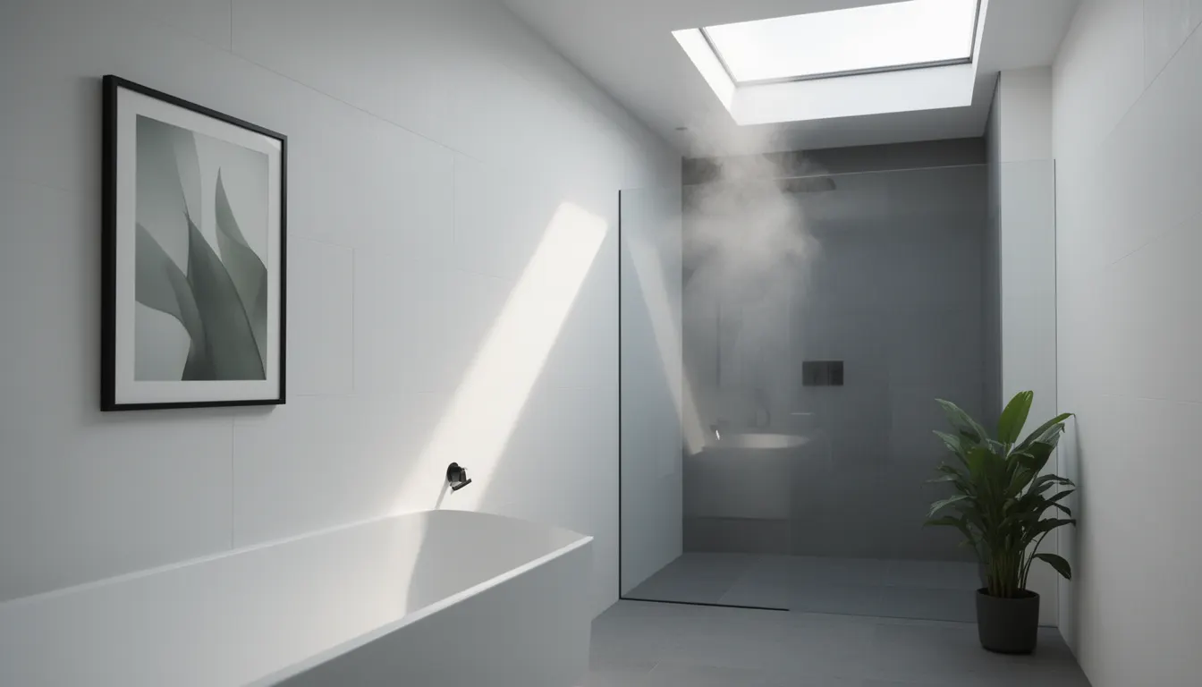 Salle de bain design avec affiche encadrée sous verre protégé de la buée