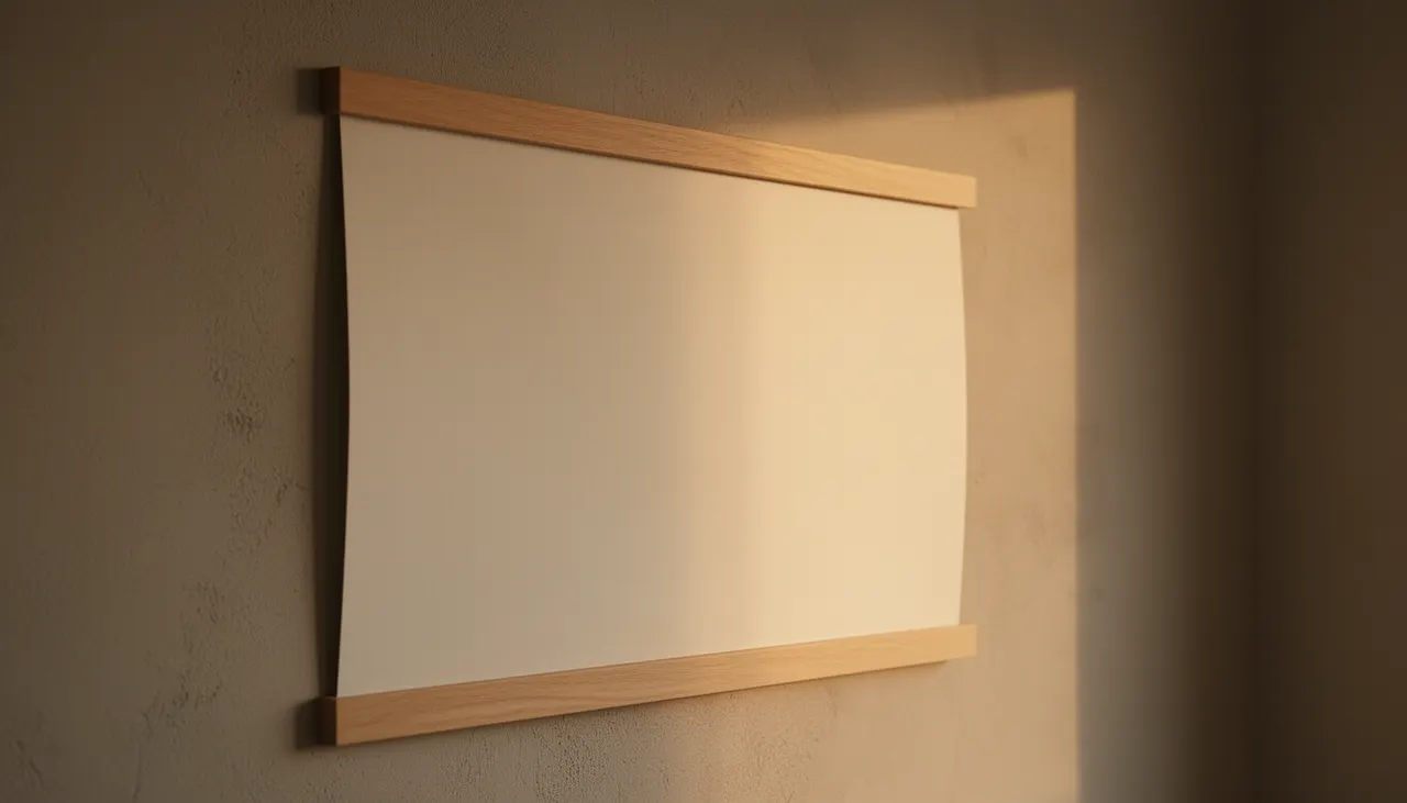 Poster nu maintenu par baguettes aimantées en chêne clair sur mur beige