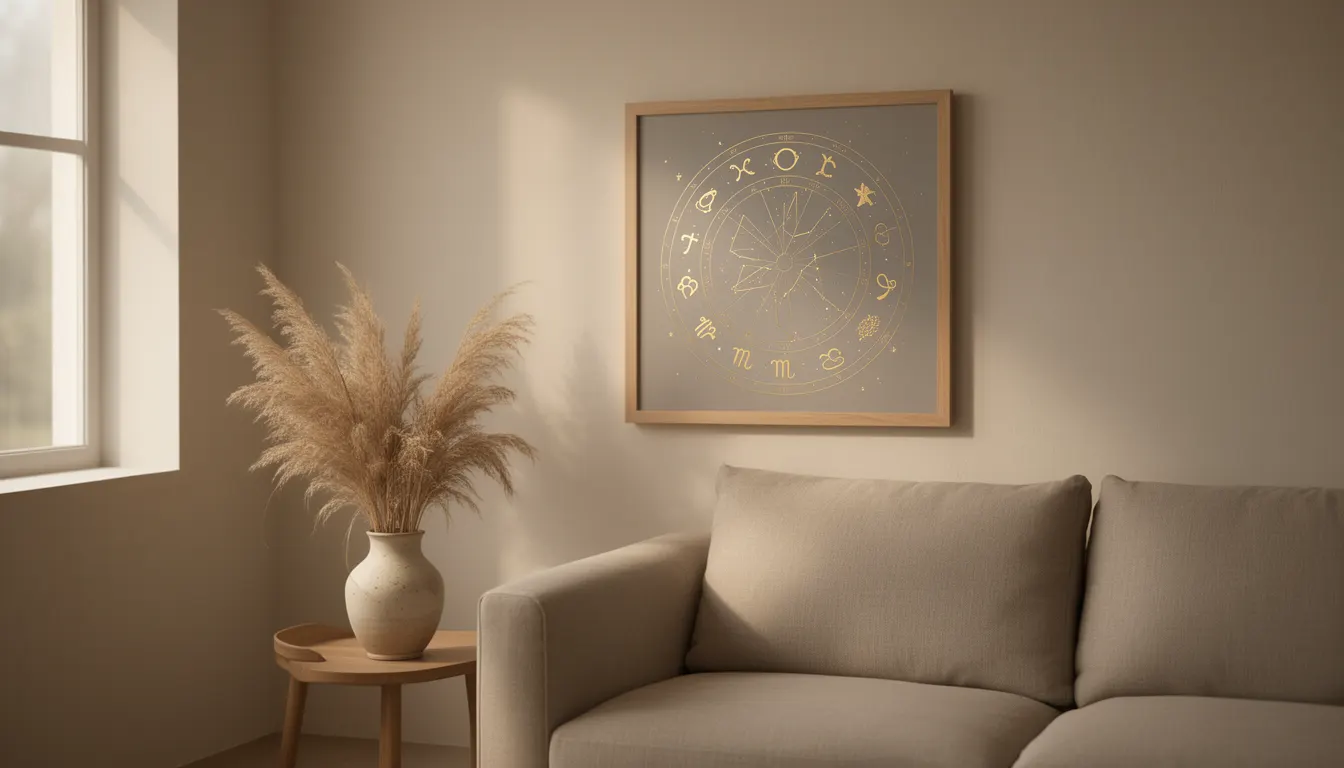 Affiche astrologie personnalisée thème natal encadrée bois clair sur mur beige salon